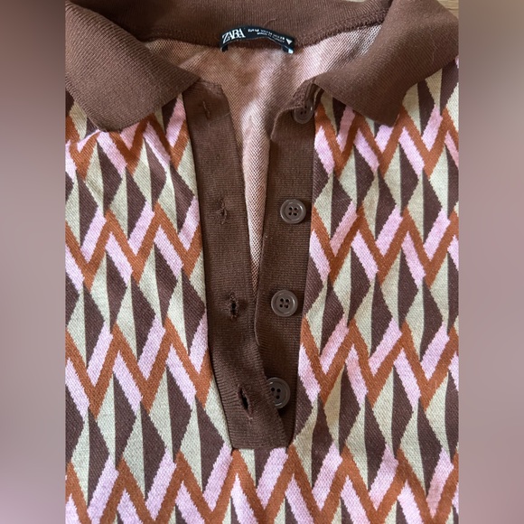Zara Patterned Jacquard Brown Argyle Knit Polo Mini Dress-Size Medium-Pink/Brown - Picture 4 of 7